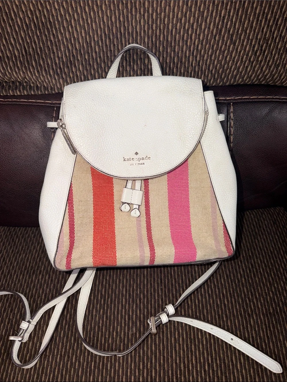 Kate Spade White Pink Leila Striped Backpack